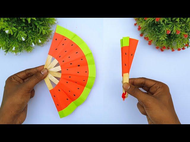 Learn How to Make A Paper Watermelon Summer Fan | DIY Handmade Paper Fan | Ice-Cream Stick Crafts