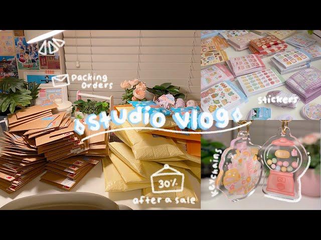 studio vlog // running my small business, packing orders  stickers, keychains, and clay pins