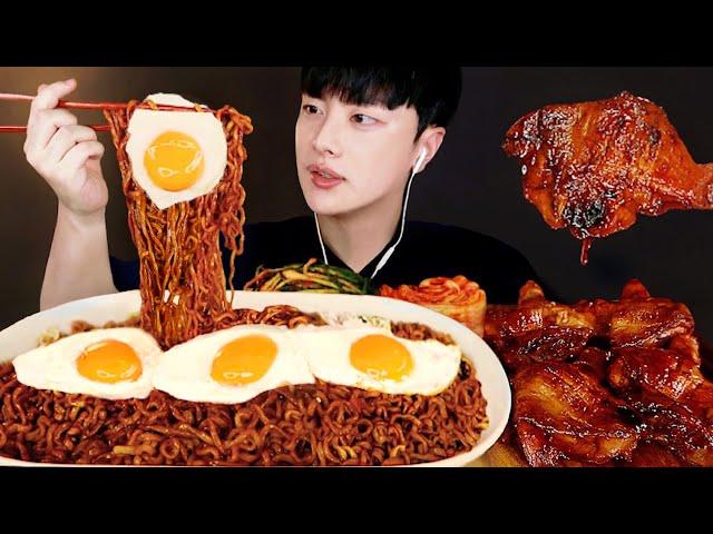 SUB)Jjapaghetti (Black bean noodles) & BBQ Chicken Jamaican style drumstick MUKBANG ASMR