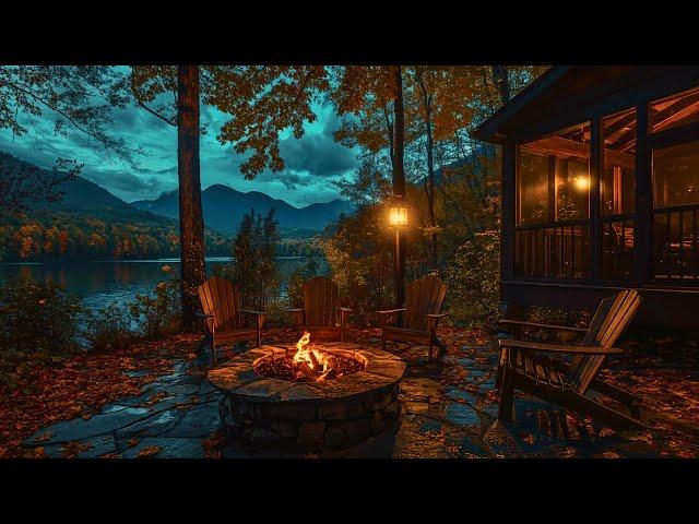 Cozy Night by the Autumn Lakeside: Fire Pit and Crickets, Water Sounds for Relaxing and Sleeping