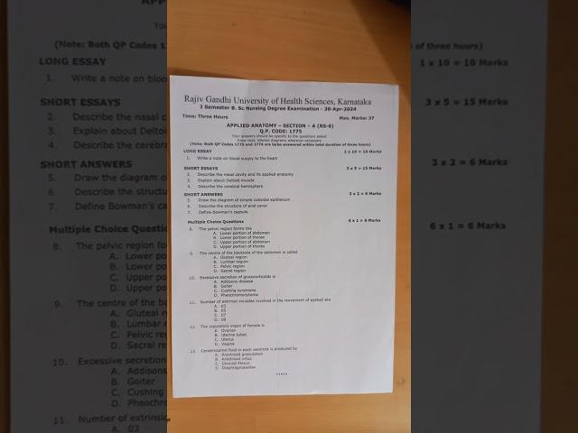 Rughs 1sem bsc nursing Applied Anatomy QP code 1775 30-apr-2024 #nursing #bscnursing
