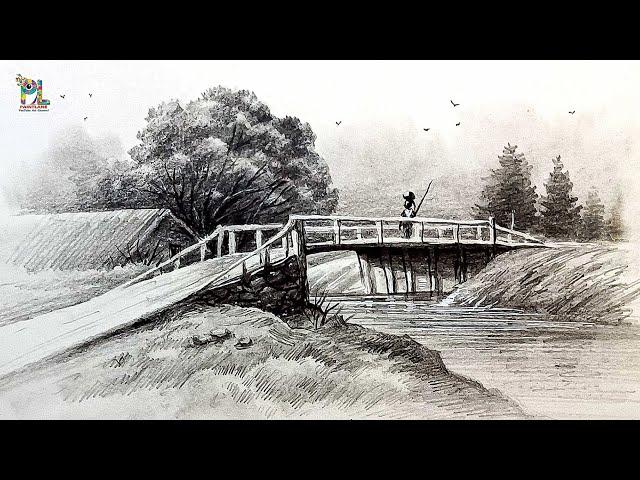 How to draw Bridge in Village Landscape and shading with Easy Pencil Strokes