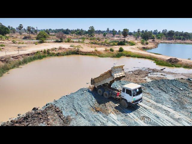 Incredible Dump Truck 15ton Showing Skill Technique Filling Pond With Komatsu DOZER 60 Pushing Soil