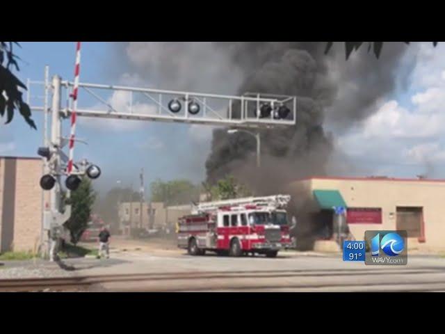 Norfolk firefighters working fire at Desk Doctor in Park Place