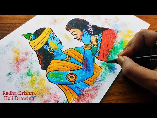 Holi Drawing - Lord Radha Krishna Playing Holi | Radha Krishna Holi Drawing | Holi Poster Drawing