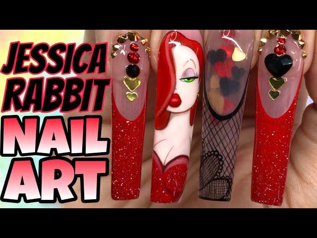 JESSICA RABBIT NAIL ART TUTORIAL‼️ Acrylic Pop off method, Hand painted gel nail art️‍