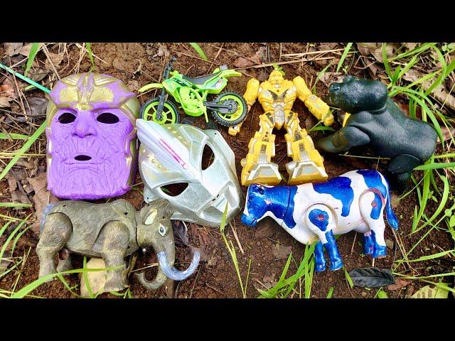 Menemukan Mainan Hewan, Gorilla, Sapi, Buaya, Badak, Motor Balap, Topeng Ultraman, Robot Transformer