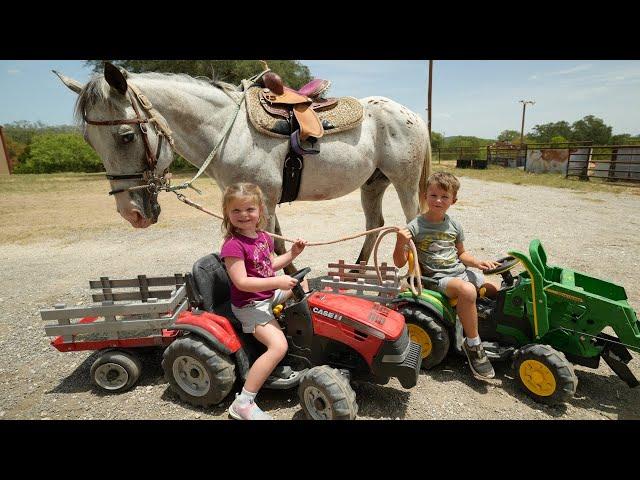 Using tractors and hay to feed horses on the farm | Horses for kids