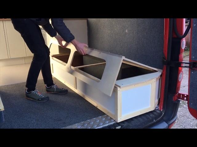 Extending, sliding, lifting bed with storage for camper van conversions