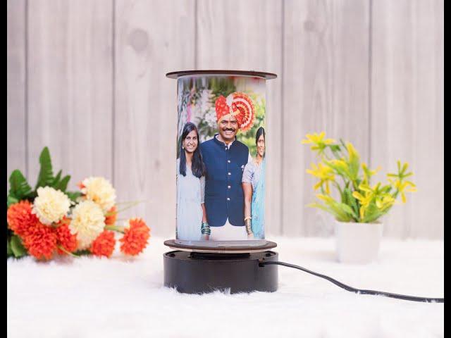 At Gift Lab Personalized Wooden Round Shape Design Rotating LED lamp with 2 Photo