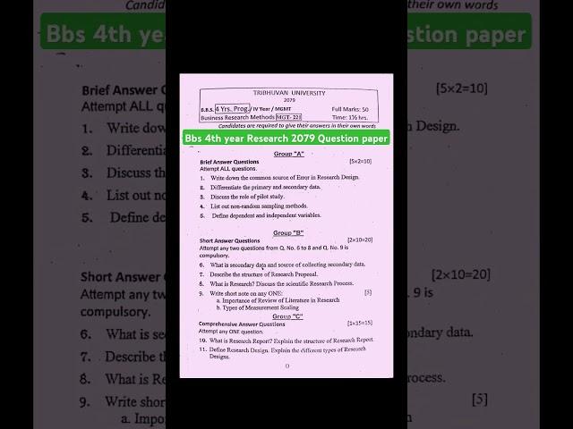 bbs 4th year business research method//2079 Question paper #tu #researchquestions #ytshorts #short