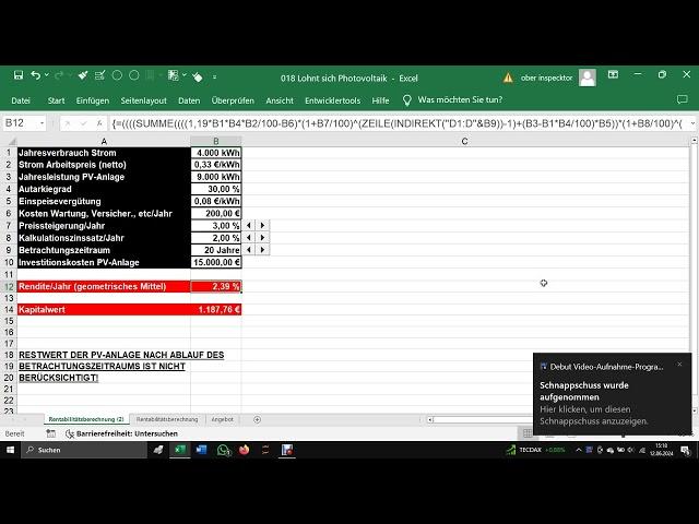 018 Lohnt sich eine Photovoltaikanlage? Excel berechnet Rendite und Kapitalwert