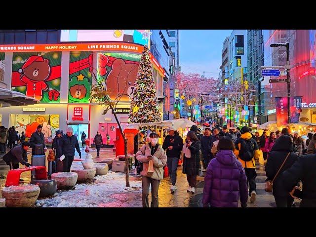 4K Snowfall in Seoul, Korea | Myeongdong Snow Walk -1°C Frozen Winter day