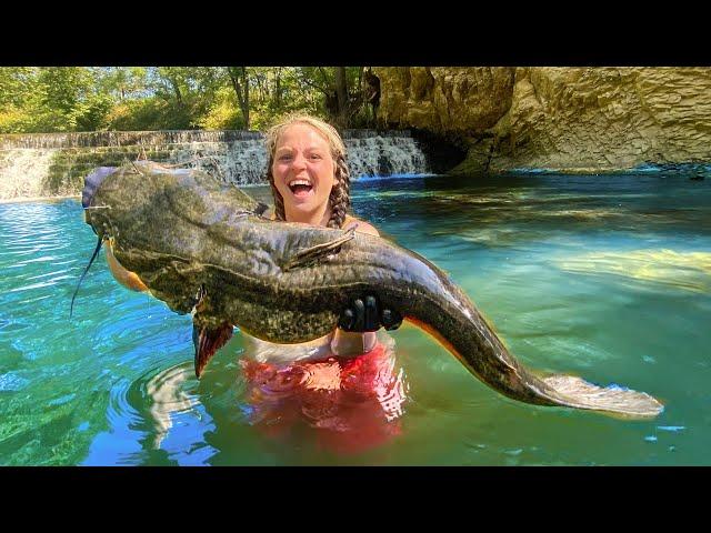 We HAND NOODLED a MASSIVE CATFISH Under This CRYSTAL CLEAR Spillway! Ft. ARMS FAMILY HOMESTEAD