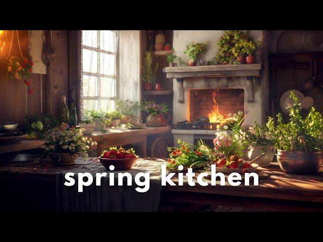 Spring Kitchen Ambience  | Cozy Fireplace & Morning Ambience | CottageCore Ambience