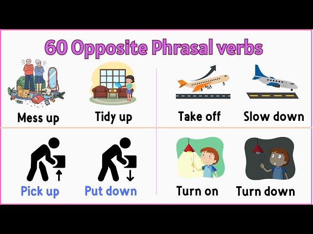 Lesson 104:  List of 60 Opposite Phrasal Verbs  | Pictionary