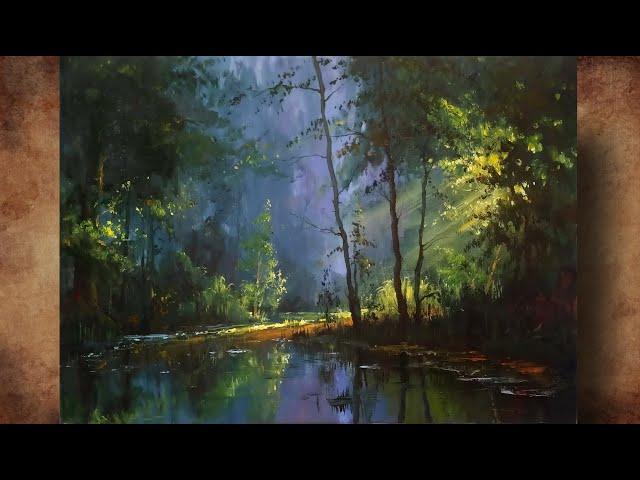 Sunray Forest. How to paint Forest Lake. Ukrainian art