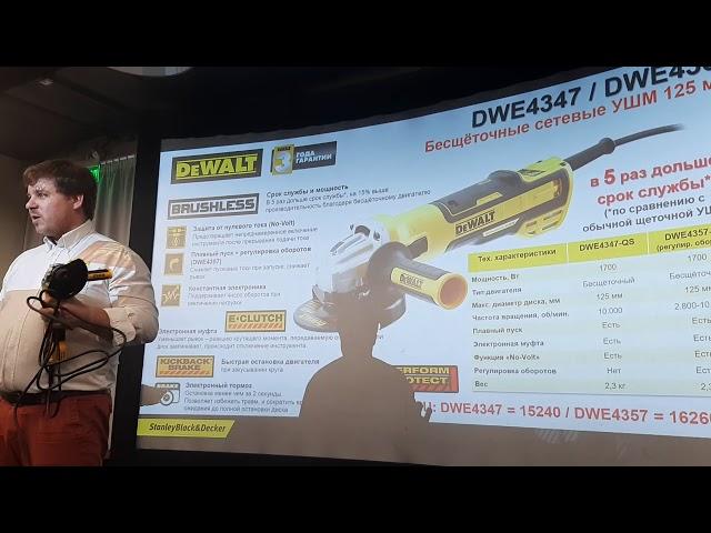 Обзор сетевой бесщеточной ушм Dewalt DWE 4357-QS. Конференция комании StanleyBlack&Decker 2019.