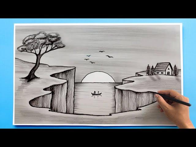 Simple Landscape Drawing | Easy scenery Drawing tutorial