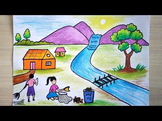 Clean India scenery poster easy | Gandagi mukt mera gaon drawing|Clean India village scenery drawing