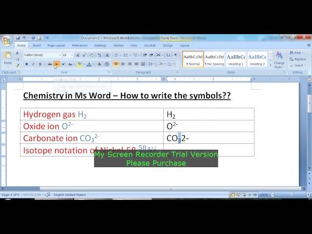 How to write chemical symbols with Ms Word