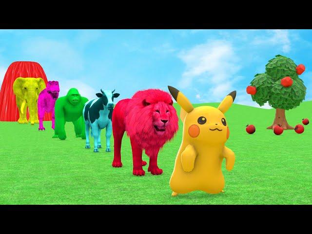 Paint Animals Pikachu,Tiger,Lion,Buffalo,Gorilla,Elephant,Dinosaur Fountain Crossing Animal Game