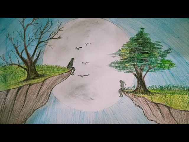 beautiful scenery painting for beginners | pencil art | how to draw a boy ,girl in moonlight