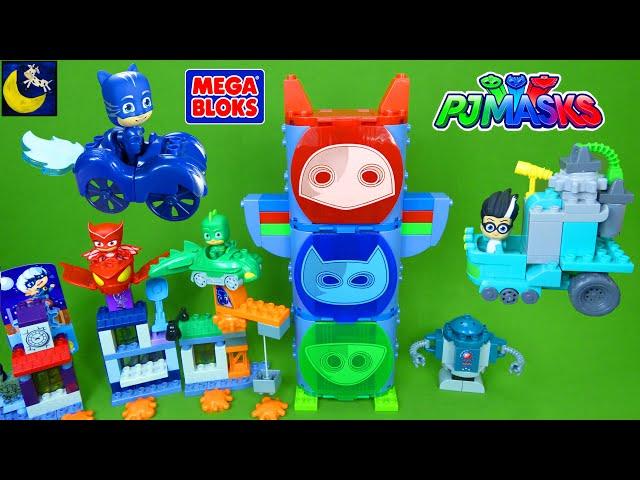 LOTS of PJ MASKS Mega Bloks Toys HQ Set Cat Boy Gekko Cars Toy Unboxing Video for Kids Toddlers!