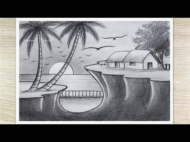 How to Draw Sunset Scenery with Pencil Sketch, Pencil Drawing for Beginners