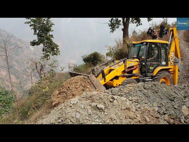 Steep Hill-JCB Backhoe Loader-Cutting and Leveling Hilly Stony  Road