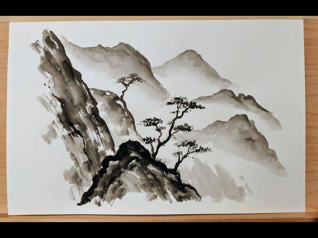 Japanese sumi-e landscape using black gouache