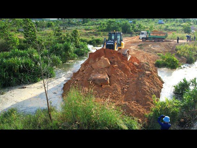 The End Connecting Processing 100% Skill Dozer Pushing Dirt & 10Wheel Truck Dumping Dirt Making Road