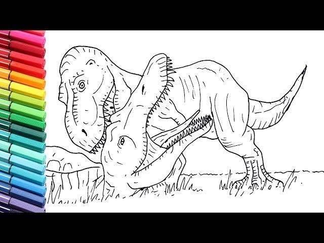 How to Draw T-Rex vs Spinosaur Battle - Drawing and coloring Jurassic World Dinosaurs For Kids