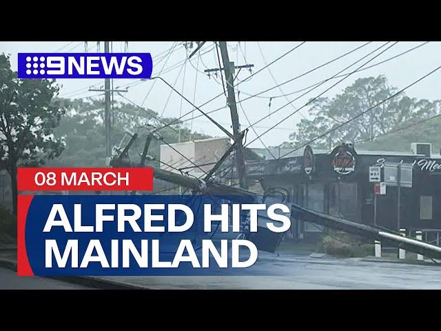 Ex-Tropical cyclone Alfred crossing the mainland | 9 News Australia