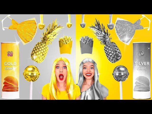 GOLD vs. SILVER FOOD || Eating One Color Food for 24 HRS! Funny Recipes by 123 GO! FOOD