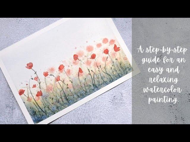 Watercolor poppy flower field painting for beginners.