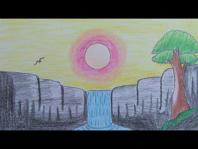 How to draw a simple waterfall scenery/Happy Drawing24