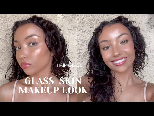 GLASS SKIN & GLAZED HAIR | glowy makeup routine | hair glaze at home