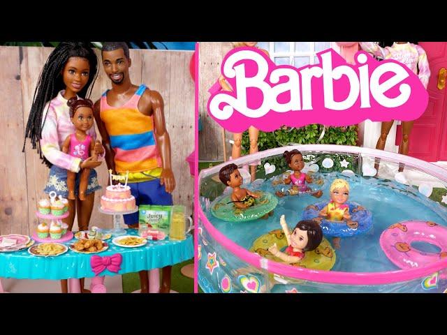 Barbie Doll Family Getting Ready for Birthday Pool Party & Toodler Gymnastics