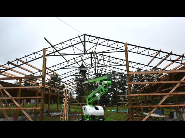 DIY 40 x 60 Pole Barn Build with steel trusses (Part 2). Time lapse video pole barn setting trusses
