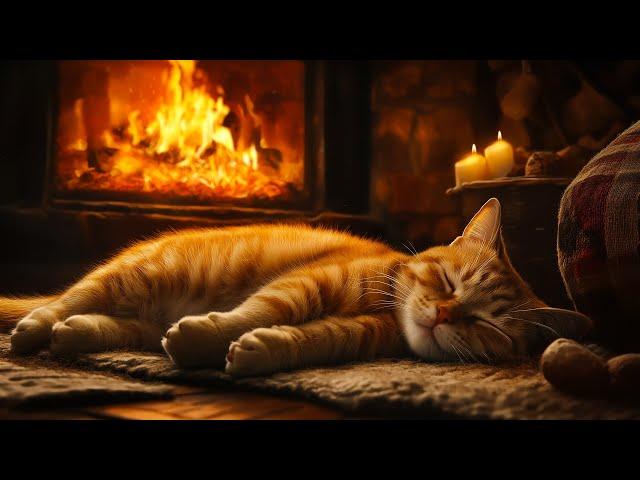 Fall asleep to the Purring of a Cat & Fireplace  Deep Sleep and Relax in Cozy Winter Hut