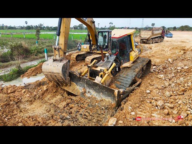 Amazing Heavy Rescue! Excavator Pulls Bulldozer From Deep Mud And Site Filling Land Complete