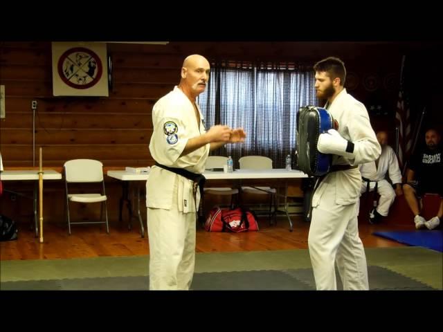 David Muscarella demonstrates 1-2 punch with front kick on focus bag