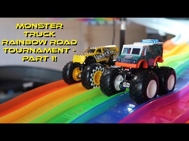 HOT WHEELS MONSTER TRUCKS RAINBOW ROAD TOURNAMENT - PART 1! MONSTER TRUCK DIE CAST RACING!