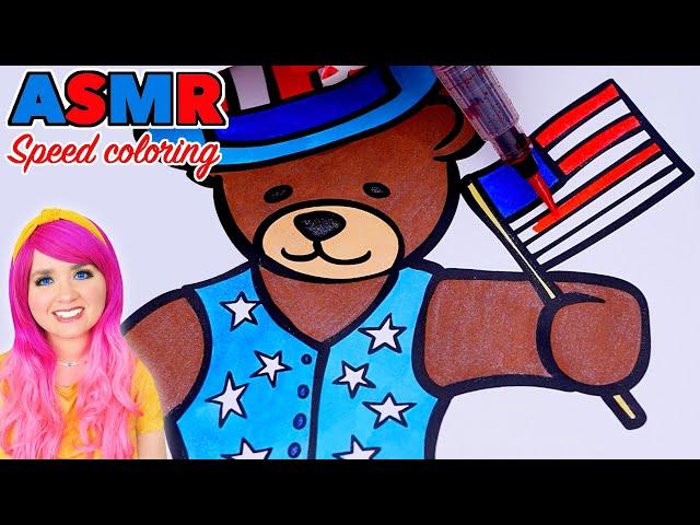 ASMR Speed Coloring Patriotic Teddy Bear 4th of July (ASMR Coloring Sounds & No Talking)