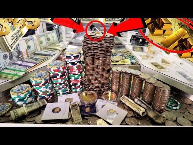 6oz of Gold, ($20,000 Cash!) 45 Quarters to knock down this tower and Win. High Stakes Coin Pusher