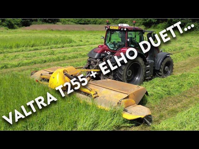 4Kᵁᴴᴰ Hay Harvest 2024: Valtra T255 TwinTrac mowing with an ELHO Duett 7300 7.3m mower conditioner.