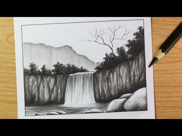 Charcoal pencil sketch scenery || Pencil shading video || Waterfall scenery sketch with pencil