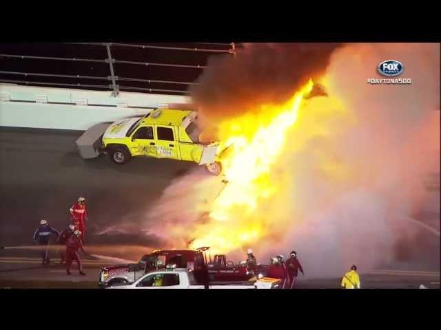 2012 NASCAR Daytona 500 Juan Pablo Montoya crashes into jet dryer under caution