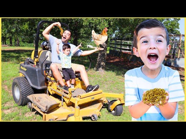 LAWN MOWER BUG HUNT ON THE FARM! Play and find REAL BUGS outside on riding lawn mower | Super Krew